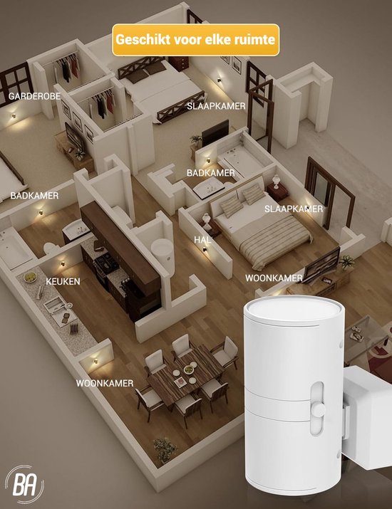 Overzicht van een huis met kamers en een wit nachtlampje in een stopcontact. Tekst: 'Geschikt voor elke ruimte'.