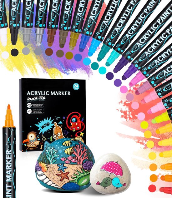 Marqueurs acryliques double face 24 couleurs, peinture acrylique permanente