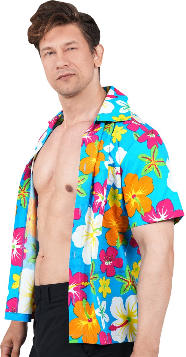 Zebra & Friends Hawaii Blouse Mannen - 100% Katoen - Maat XL - Tropical Hawaii Shirt Heren - Carnavalskleding - Hawaii hemd - Tropisch Kostuum - Bloemen - Meerkleurig - Blauw - Schlagerfestival