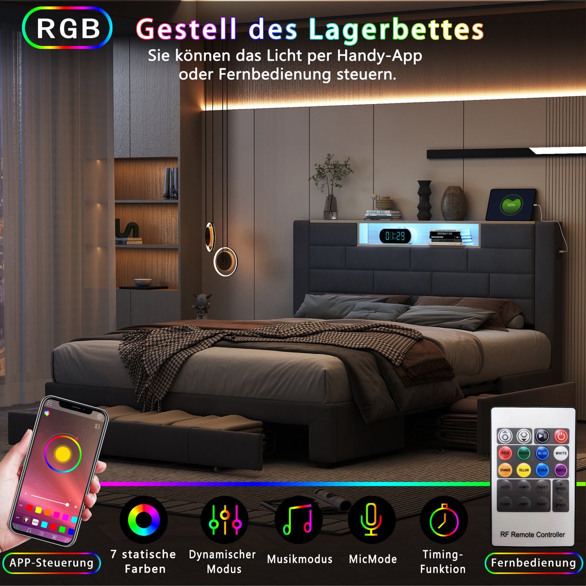 ROSAHQNDA Tweepersoonsbed 160x200cm Modern gestoffeerd bed met LED-verlichting en USB-oplader, slaapkamerbed met 3 lades, zonder matras, grijs fluweel (splitsen voor 2 pakketten voor verzending)