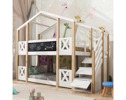 Kinderbed Boomhut met Opbergruimte en Valbeveiliging 90x200 cm, Hoogbed voor Kinderen-2x Lattenbodem-Natuur & Wit