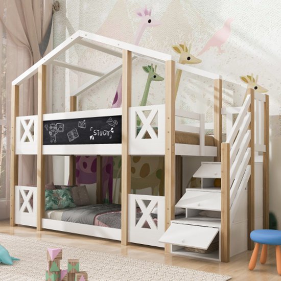 Kinderbed Boomhut met Opbergruimte en Valbeveiliging 90x200 cm, Hoogbed voor Kinderen-2x Lattenbodem-Natuur & Wit