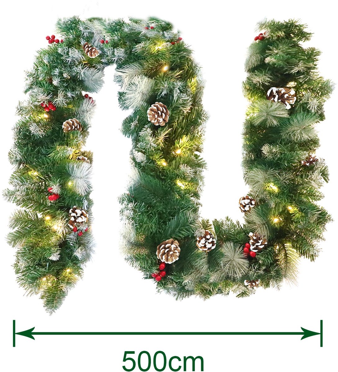 Aufun 5M Kerst guirlande spar guirlande met verlichting Kerstdecoratie guirlande diverse vormen buiten en binnen decoratie voor kerst trap (met lichtslingers, 500cm witte sneeuw) – foto 5
