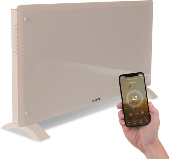 VONROC Luxe elektrische kachel - Convectorkachel met glazen paneel – 1250W/2500W- Verwarmt ruimtes tot 30m2 - Bediening zowel met app (via Wifi) als handmatig – Instelbare thermostaat en timer - Beige