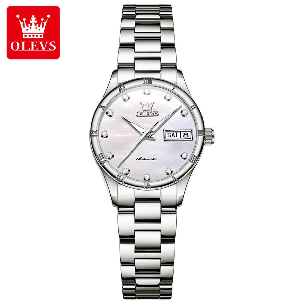 HO-7030L.z : OLEVS mechanisch edelstaal dames horloge, parelmoerige wijzerplaat, kalenderdag, dagnaam, diamantzirkonia
