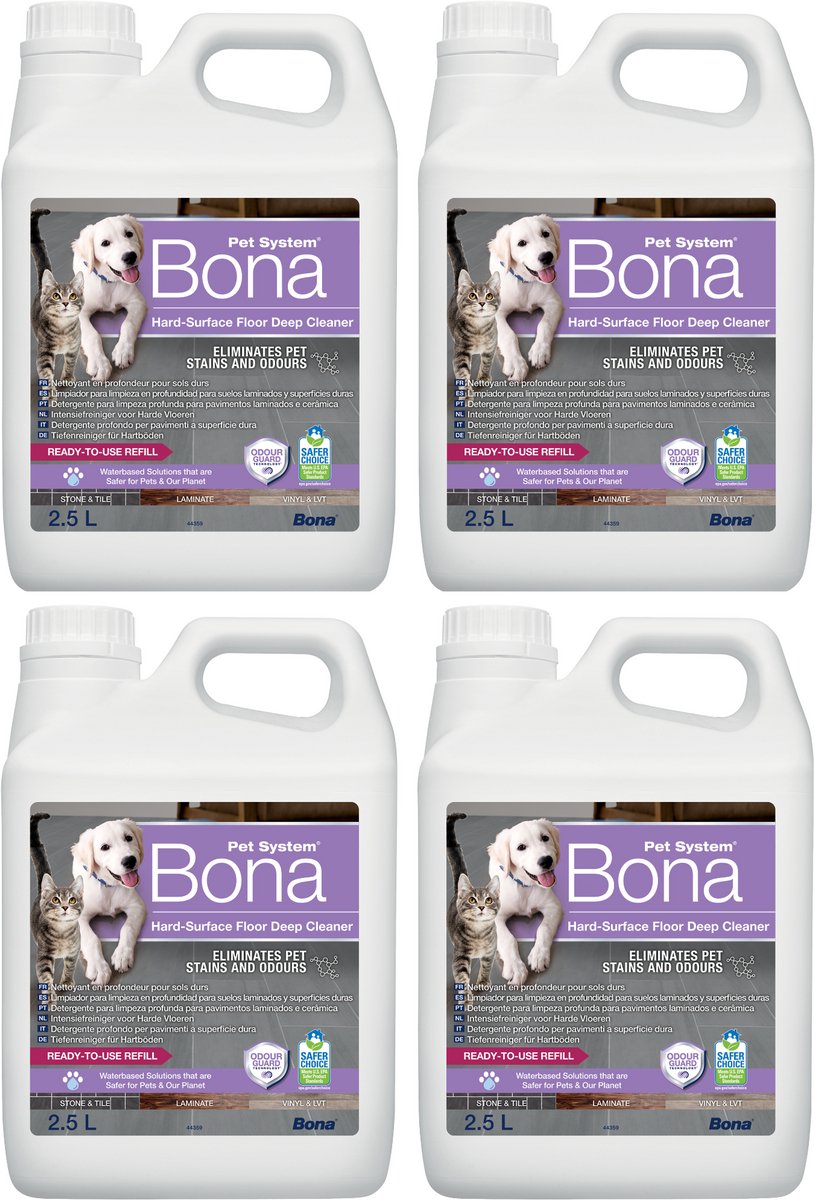 Bona Huisdier Intensiefreiniger voor Harde Vloeren 2,5L (4-pack) Navulling - Huisdier Vlekkenreiniger en Geurverwijderaar - Urinegeur Verwijderaar - Stain Remover - Geschikt voor Honden en Katten