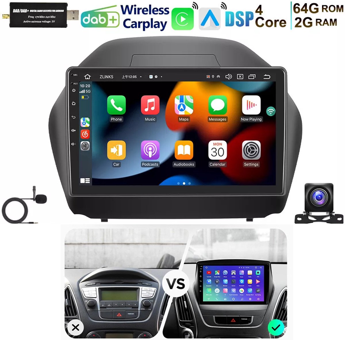 Autoradio-Android 15 autoradio stereo 10-inch - met AHD-camera, Bluetooth-autoradio - compatibel met Carplay/Android Auto, Mirror Link, RDS, SWC, DSP/EQ, 2GB+64GB, GPS, compatibel met Hyundai IX35 2009-2015.