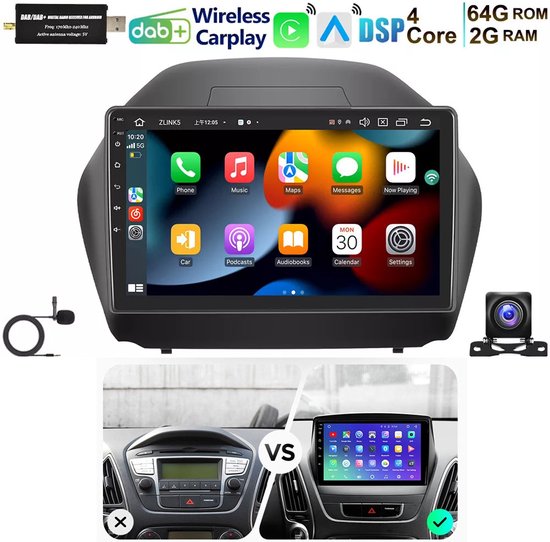 Autoradio-Android 15 autoradio stereo 10-inch - met AHD-camera, Bluetooth-autoradio - compatibel met Carplay/Android Auto, Mirror Link, RDS, SWC, DSP/EQ, 2GB+64GB, GPS, compatibel met Hyundai IX35 2009-2015.