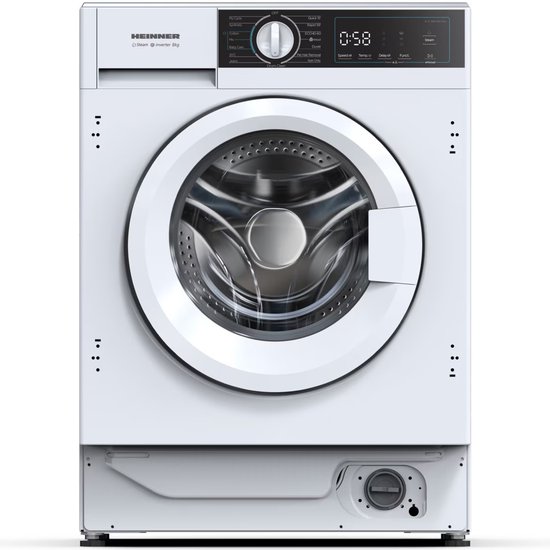 Heinner HWM-BI814IVA – Lave-linge encastrable – 8 kg – Fonction vapeur – Affichage numérique – 1400 tr/min – Classe énergétique A – Sécurité enfant – Programme de nettoyage du tambour – Wit