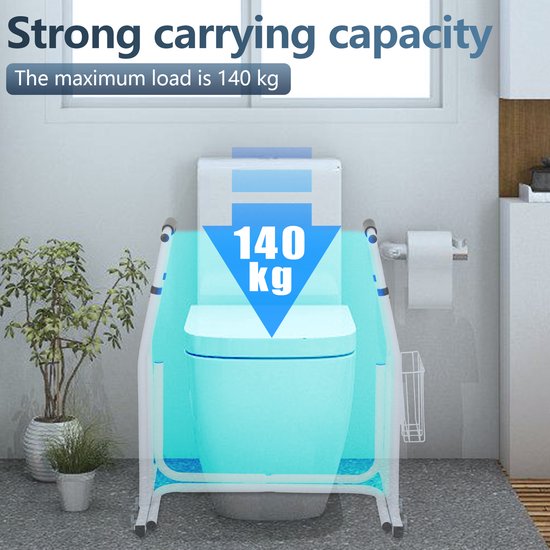 Wit toiletframe met 'sterke draagcapaciteit' en 'maximaal 140 kg' indicatie, naast een toilet.