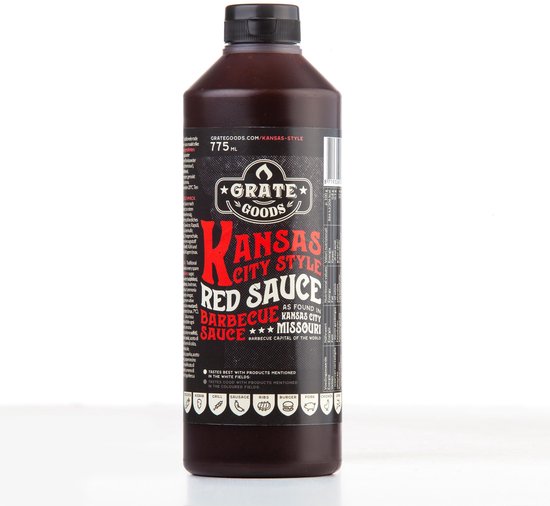 Donkerbruine plastic fles Grate Goods Kansas City Red Barbecue Saus 775 ml met zwart label.