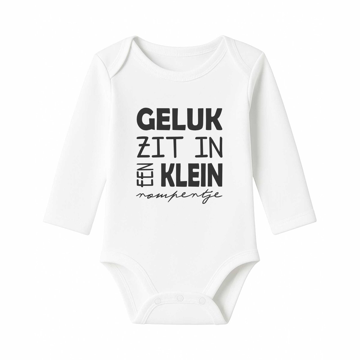 Romper met Tekst Baby – Geluk zit in een klein rompertje – Wit – Lange mouw – Maat 74/80