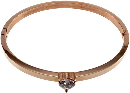 Bracelet jonc rigide en acier inoxydable couleur or rose avec zircones en forme de cœur, 16 à 18 cm