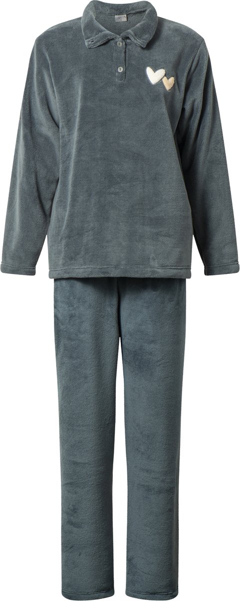 Lunatex - warm dames huispak 124266 - zacht loungepak - coral fleece - groen - maat XL