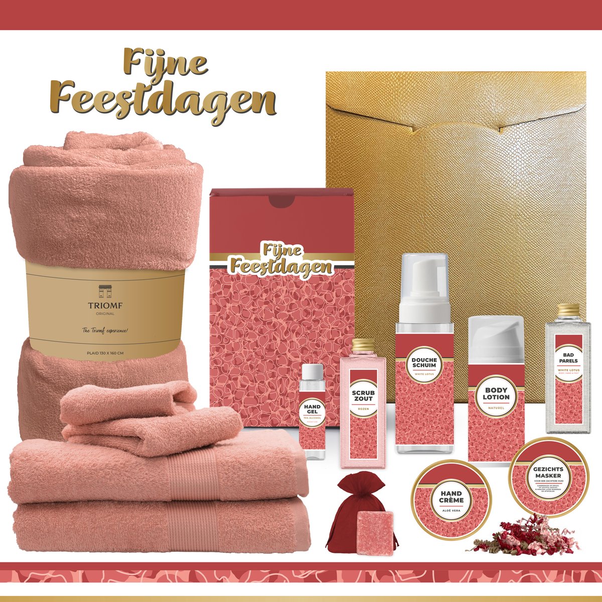 Geschenkset “Fijne Feestdagen!” - 13 producten - 1980 gram | Luxe Kerst Cadeaubox voor haar - Wellness Pakket Vrouw - Giftset - Cadeaupakket Prettige Kerstdagen Kerstcadeau Kerstpakket Bedrijf Cadeau Relatiegeschenk Gift Set Rood Goud