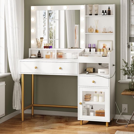 Kaptafel met LED Spiegel - Make-up Tafel met 5 Lades en Opbergkast