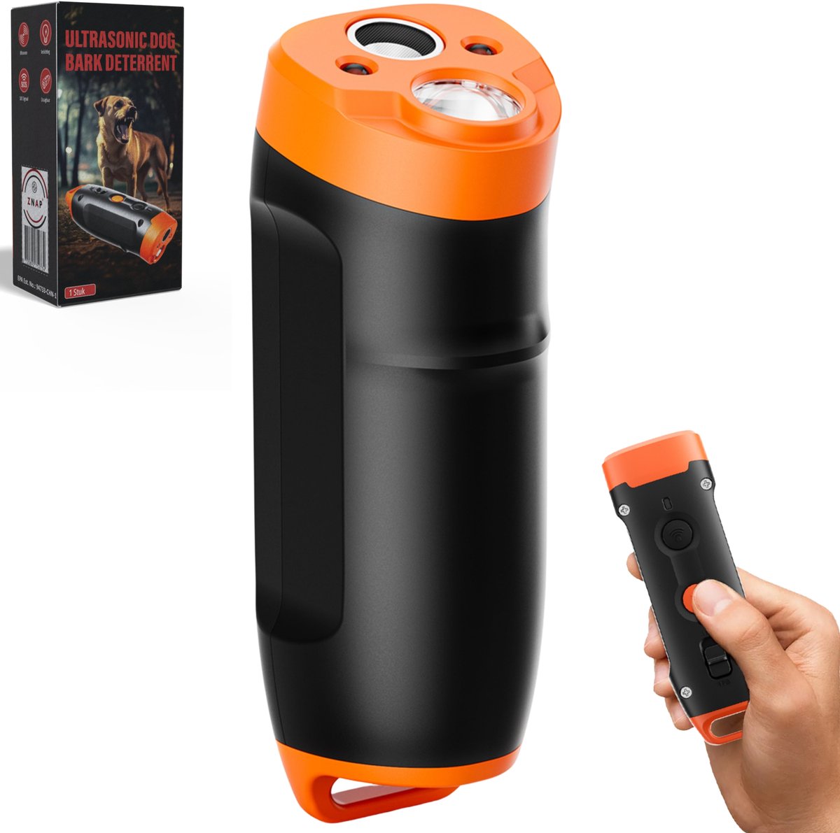 ZnaP® Ultrasone Anti Blaf Apparaat – 4-in-1 Hondentrainer Zonder Schok – Diervriendelijk Anti Blaf Apparaat – Ultrasoon Geluid & LED – USB-Oplaadbaar – Voor Kleine & Grote Honden – Binnen & Buiten – Bereik tot 12m – Waterbestendig