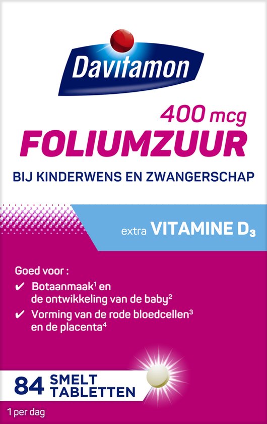 Davitamon Foliumzuur met 400 mcg extra vitamine D3 voor kinderwens en zwangerschap, 84 smelttabletten.