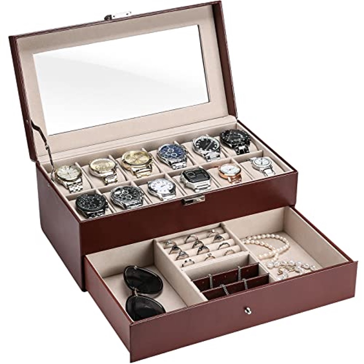 Horlogedoos met 12 Compartimenten en Lade - Sieraden Organizer voor Horloges, Ringen en Armbanden