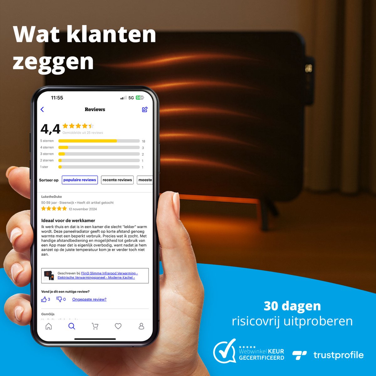 FlinQ Slimme Infrarood Verwarming - Elektrische Verwarmingspaneel - Moderne Kachel - Geschikt voor Badkamer - Staand & Verplaatsbaar - Met Thermostaat - Zwart Paneel - 600W – foto 3