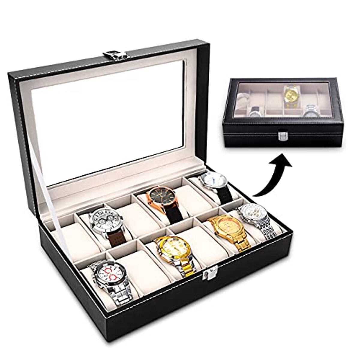 Horlogedoos met Glazen Deksel - Sieraden Organizer met 12 Vakken