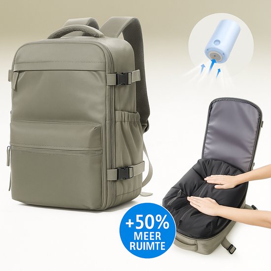 Vacuüm Rugzak – Handbagage Rugzak voor Vliegtuig – Vacuumcompressie – Compact Inpakken zonder Extra Koffer – Waterafstotend – Taupe