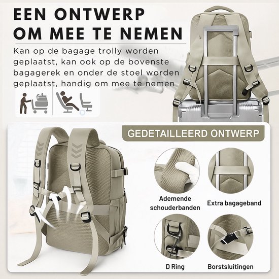 Beige rugzak op een trolley, met details van schouderbanden en extra bagageband.