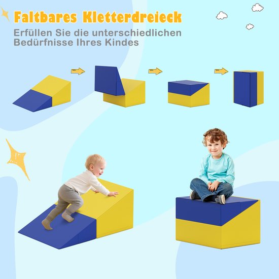Een opvouwbaar klimdriehoek, met blauwe en gele secties. Een baby klimt erop, een ander kind zit op een blok.