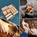 Collage van houtblokken, hand met handschoen die een uil uitsnijdt en handen die een lepel uitsnijden.