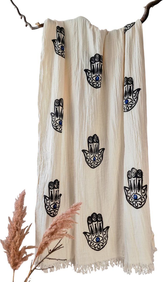 Ederlezi- Mousseline Hamamdoek - Peshtemal - Saunadoek - Hamsa Motief - %100 Katoen - 90x170cm