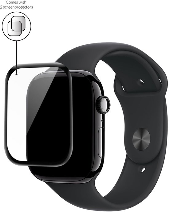 Zwarte smartwatch met bandje, met een screenprotector erop geplaatst. Wordt geleverd met 2 screenprotectors.