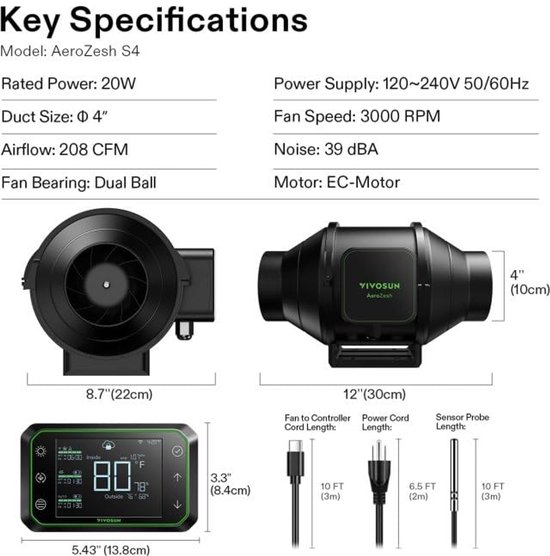 367 M³/u Kanaalventilator 40W QiCrafe 100mm Kanaalventilator - 367m³/h, Temperatuur- & Vochtigheidsregelaar, 40W Koperen Motor Voor Kweektent Koperen