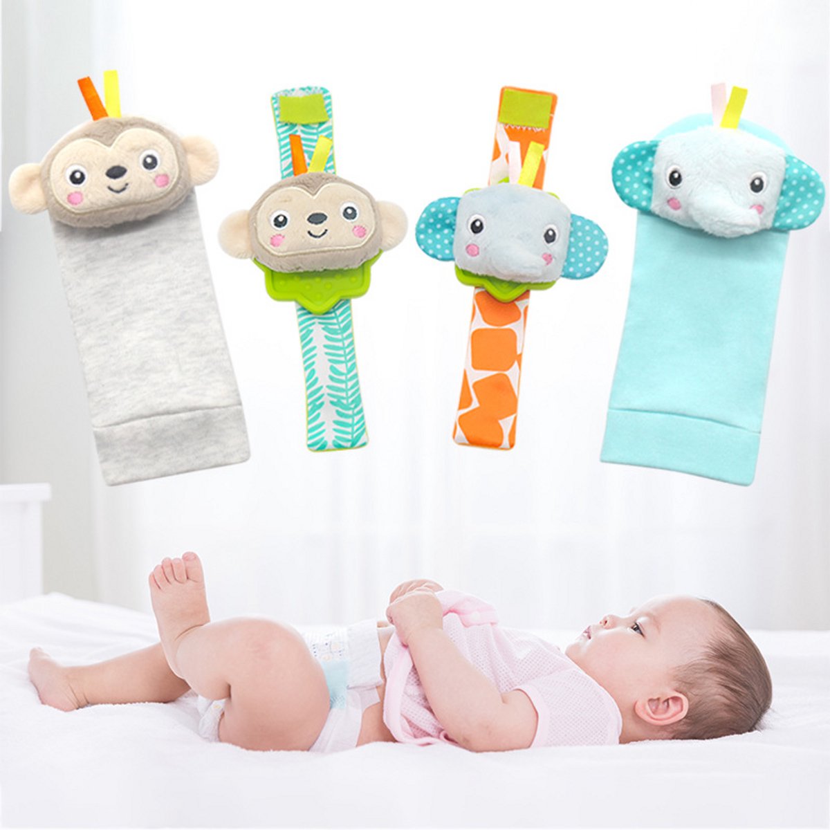 Baby Rammelaar Set - Sokjes en Rammelaar Armbanden - 4-delig rammelaar set - sokken - voor de allerkleinste - pols- en Voetrammelaar set - 0 t/m 24 maanden - Olifant & Aap — afbeelding 4