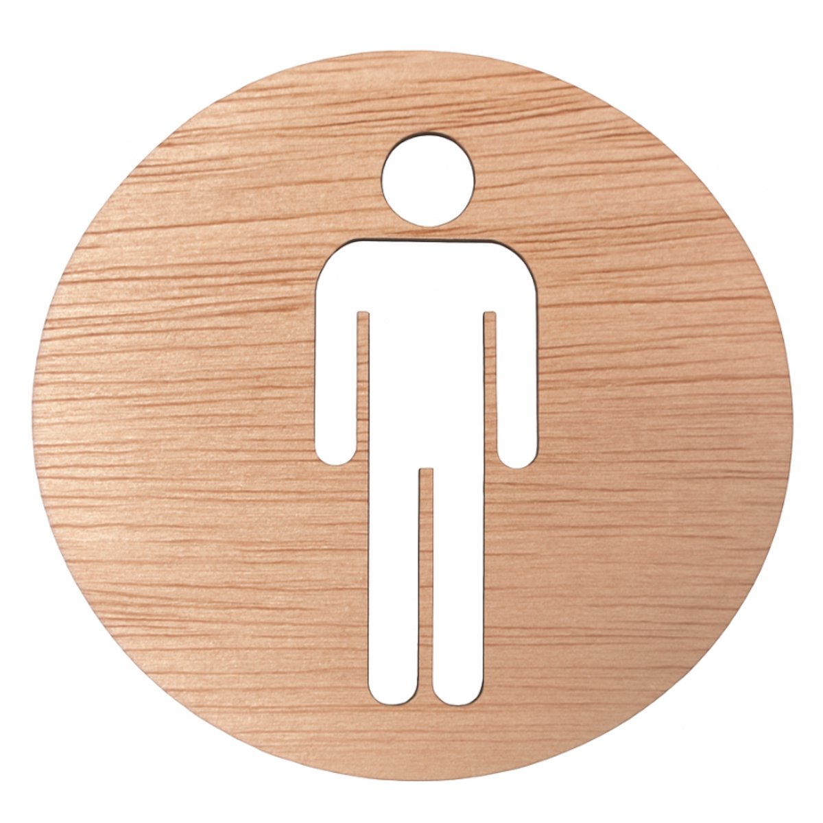 Zelfklevende houten toilet sticker – WC bordje met man pictogram – Rond hout design Ø10 cm – Eenvoudig te bevestigen
