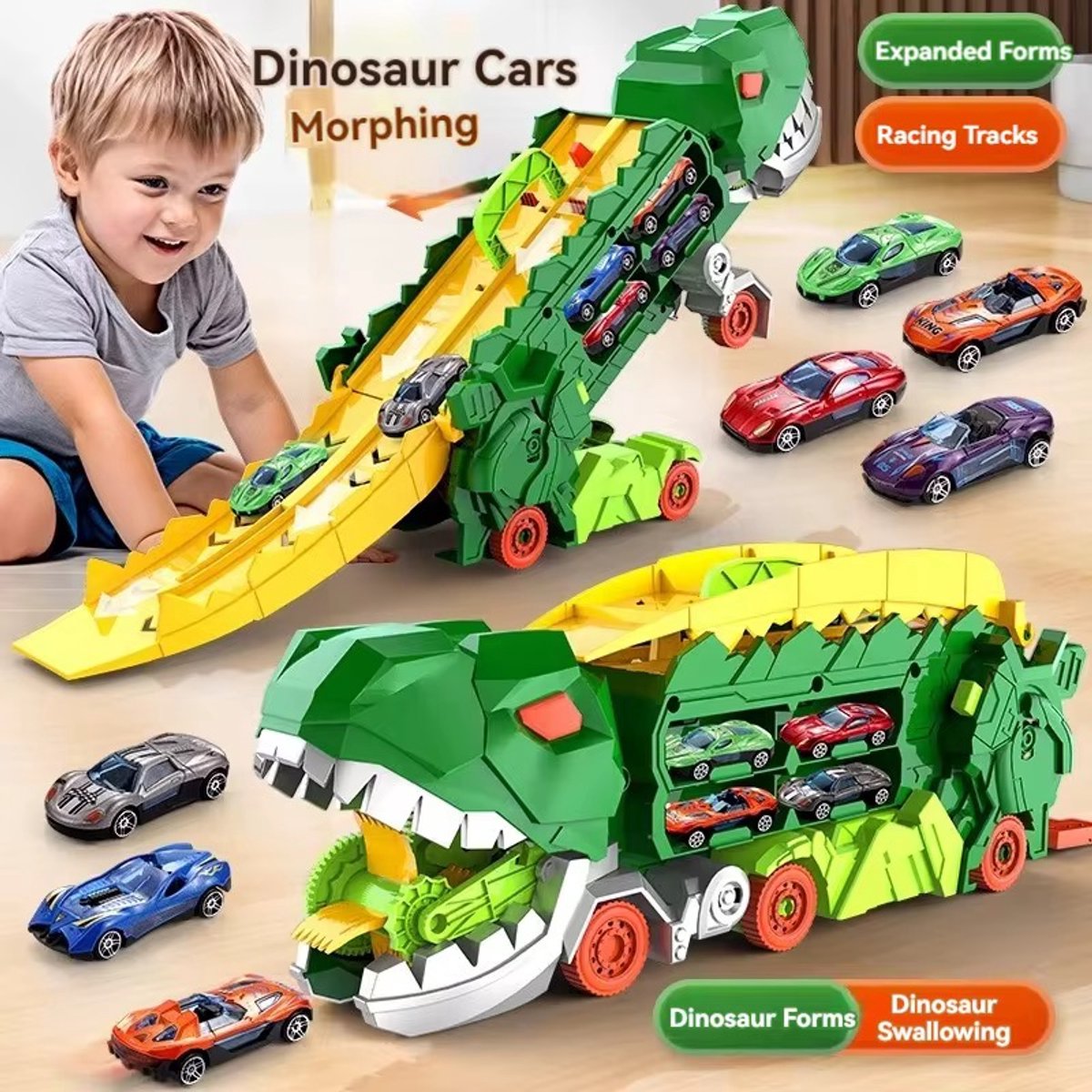 Dinosaurus Transportauto met 6 Auto’s – 2-in-1 Racebaan en Speeltruck – Dinosaurus Auto Speelgoed voor Kinderen – 1:64 Formaat