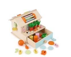 Houten speelgoedkassa met magnetische groenten en speelgeld