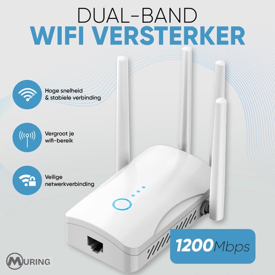 Amplificateur Wi-Fi Muring avec prise secteur - Dual bande 2,4 GHz et 5 GHz - 1 200 Mbit/s - Wi-Fi 5 - Répéteur Wi-Fi - Booster Wi-Fi - Répéteur Wi-Fi - Wit