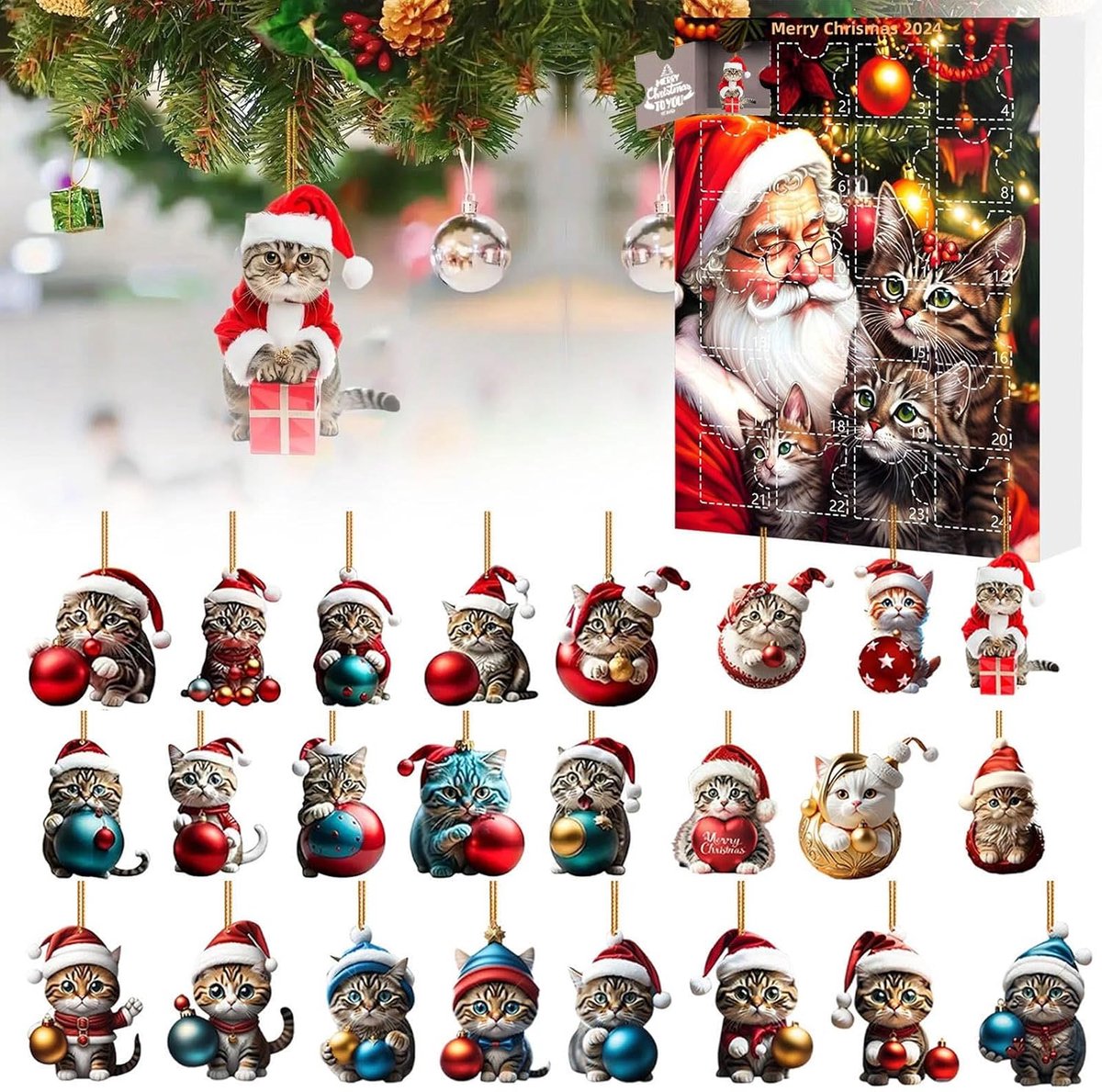 Adventsaftelkalender, 24-daagse kerstaftelkalender met schattige kattenpoppen, kerstboomversieringen in de vorm van 2D-acrylkattenhangers, sleutelhanger, vakantiedecoratie voor kattenliefhebbers (stijl C) - Cyslmuk®