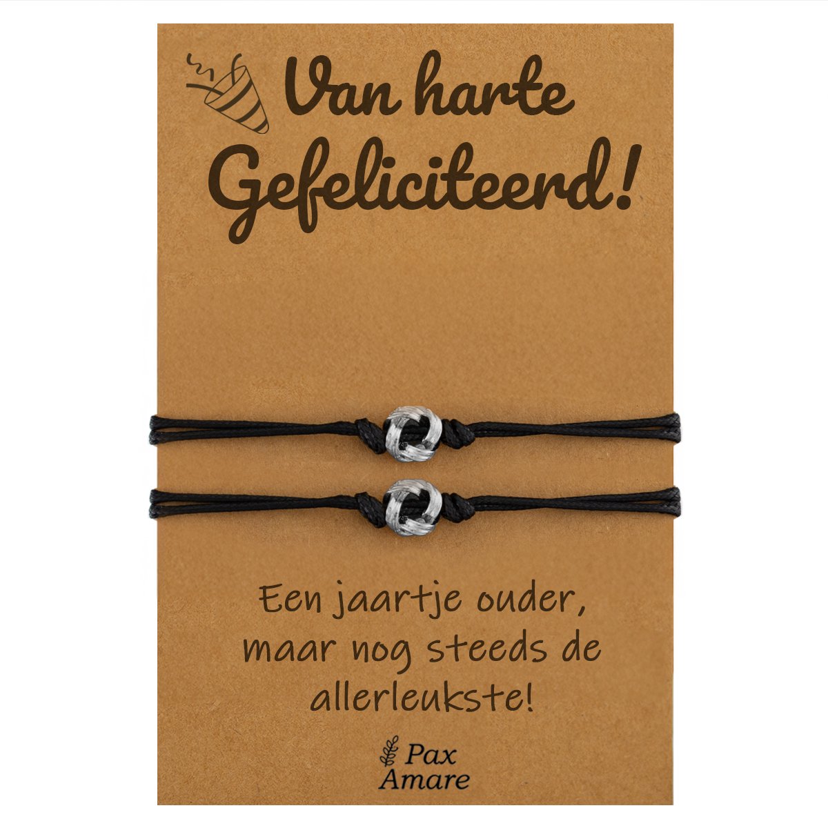 Vriendschapsarmbandjes voor 2 "Van Harte Gefeliciteerd" - Knoopjes - BFF Armbandjes met Verjaardags Cadeau Kaartje - Zilverkleurig - Elastisch Verstelbaar - Pax Amare