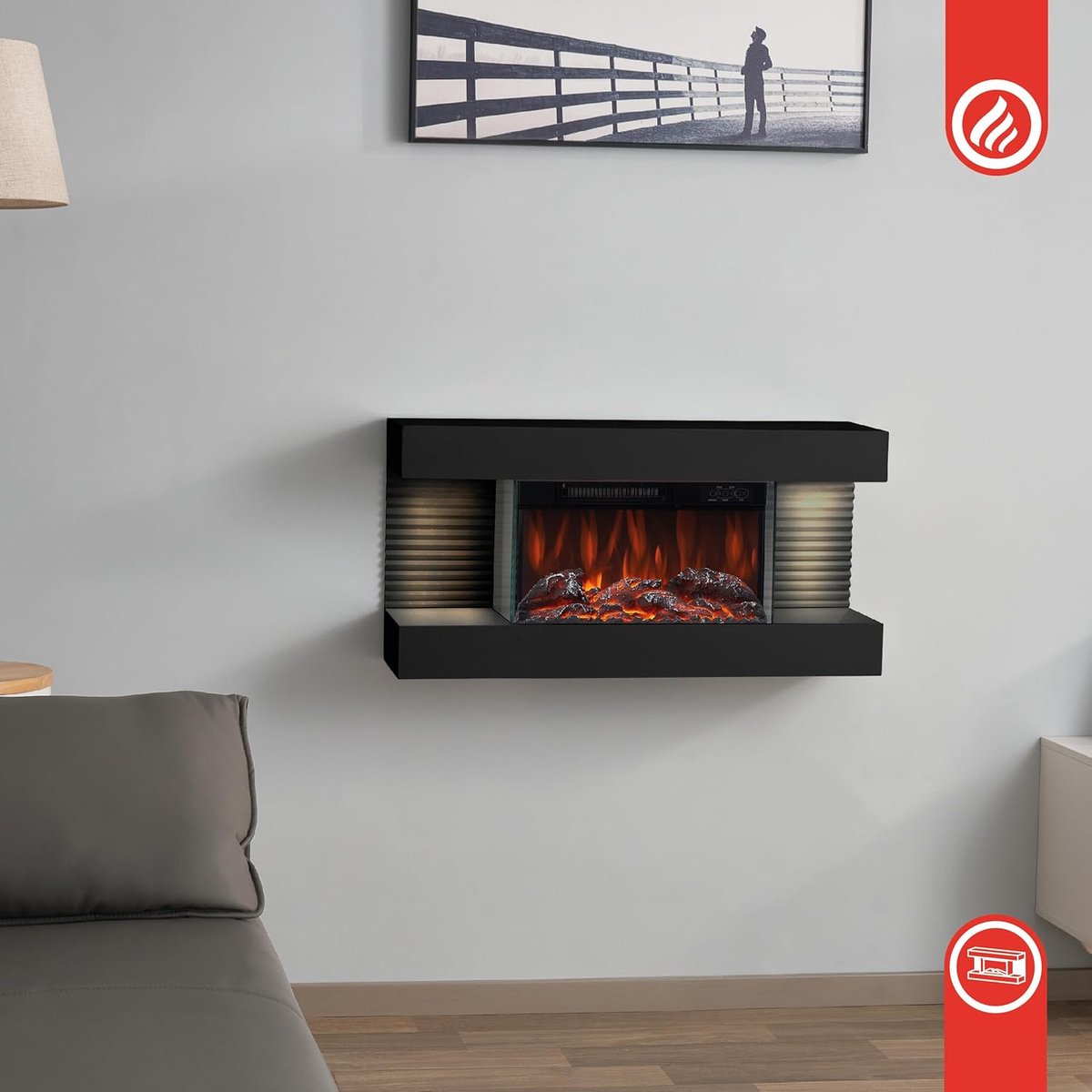 Elektrische Wandhaard Ganeey Luxe 3D Vlameffect met Verwarming, LED Sfeerverlichting & Afstandsbediening – Modern Vrijstaand Design – Energiezuinig, Stil & Veilig – Zwart – 82 cm