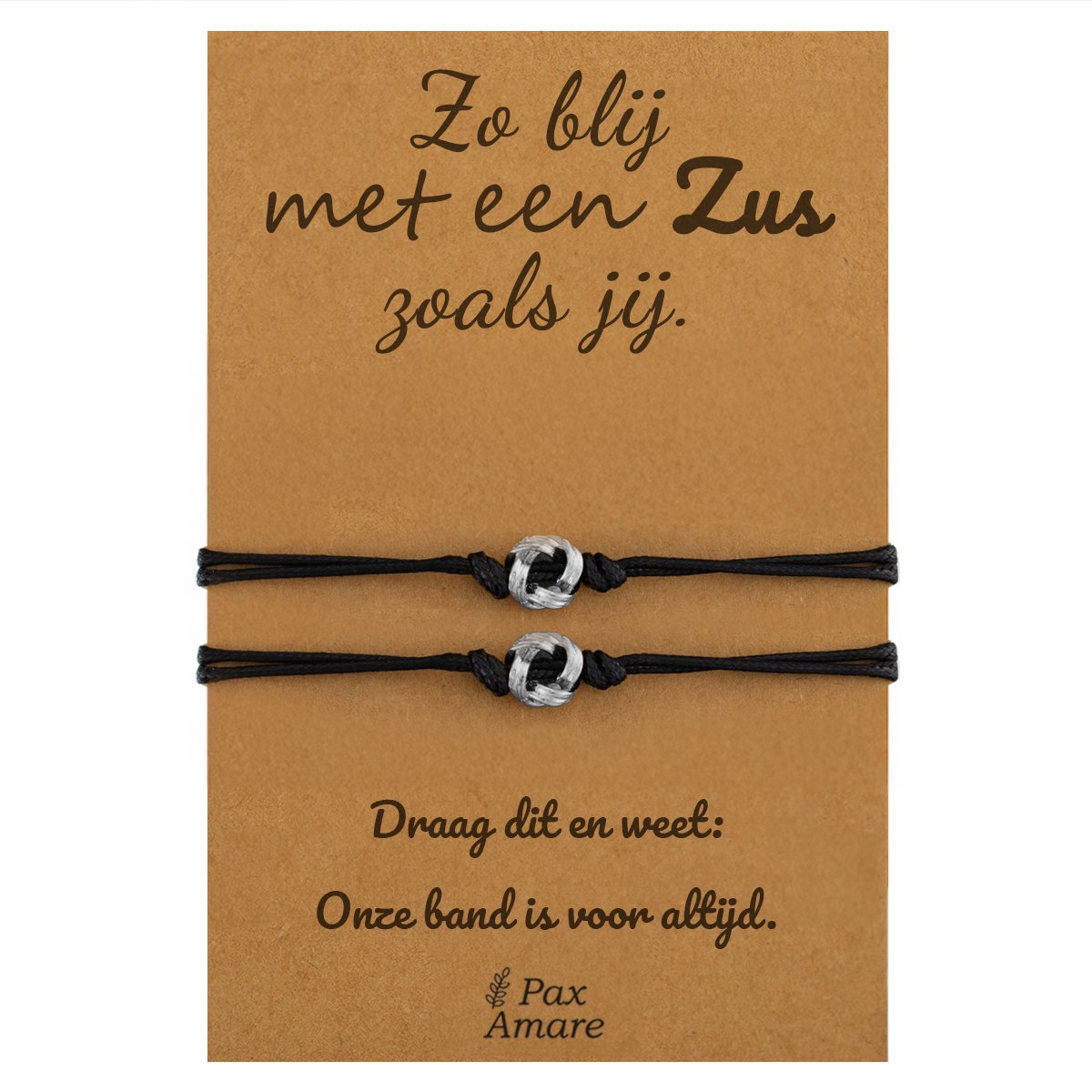 Vriendschapsarmbandjes voor 2 "Zo blij met een zus zoals jij" - Knoopjes - Sisters Armbandjes met Cadeau Kaartje - Zilverkleurig - Elastisch Verstelbaar - Pax Amare