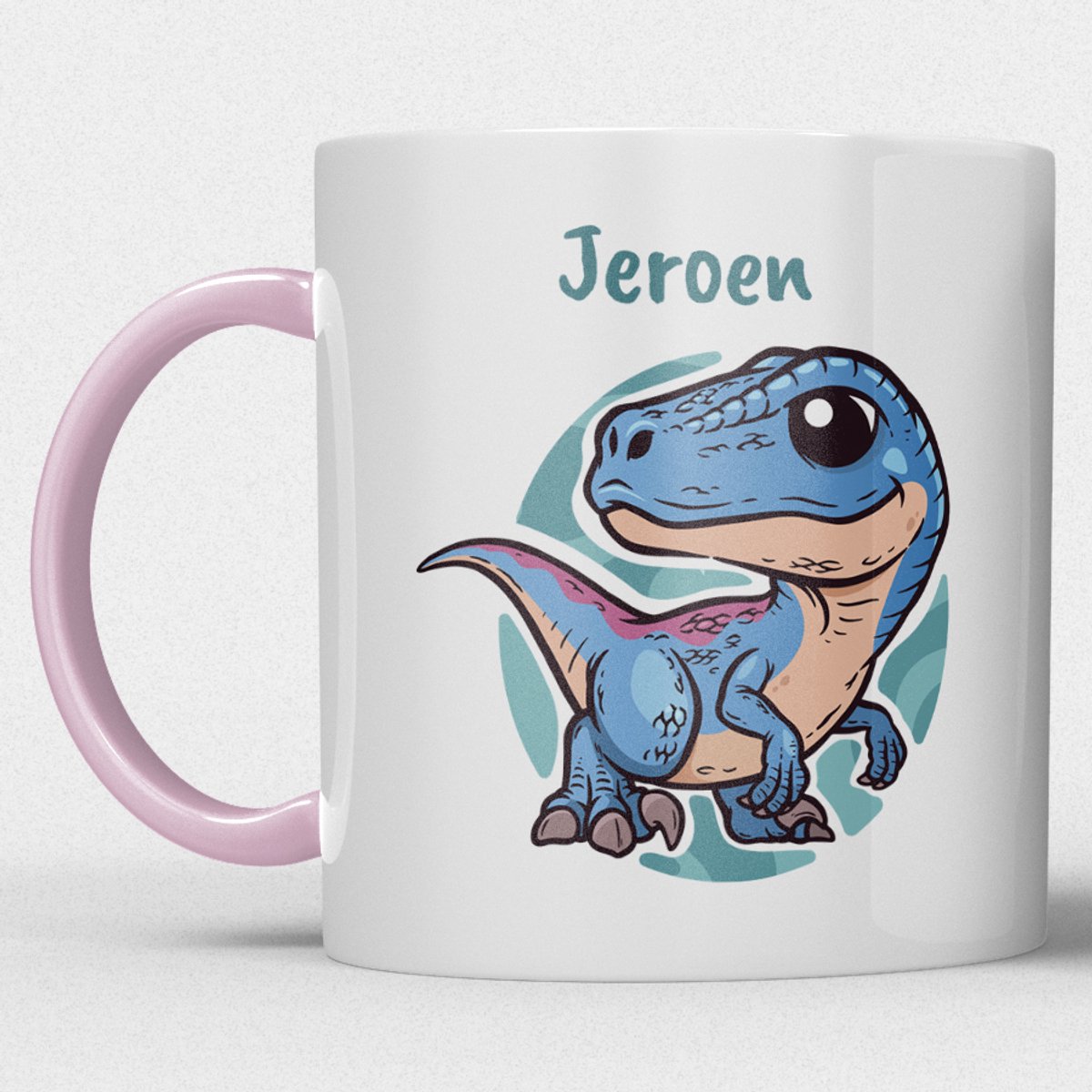 kindermok/kinderbeker | gepersonaliseerd met naam | met dino/dinosaurus/t-rex | roze | Schattige illustraties