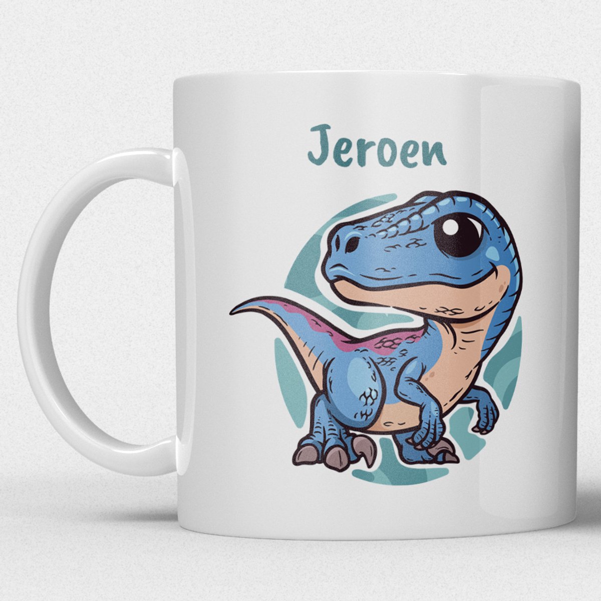 kindermok/kinderbeker | gepersonaliseerd met naam | met dino/dinosaurus/t-rex | wit | Schattige illustraties