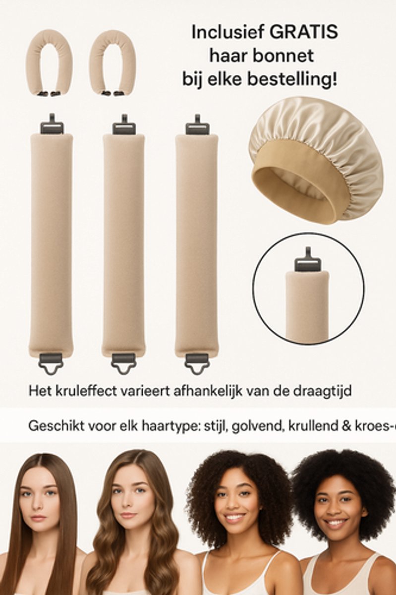 Heatless Curls Haar Set - Hittevrije Krulband met Luxe Satijnen Bonnet - Creëert Krullen Zonder Hitte en Beschadiging - Kleur Beige