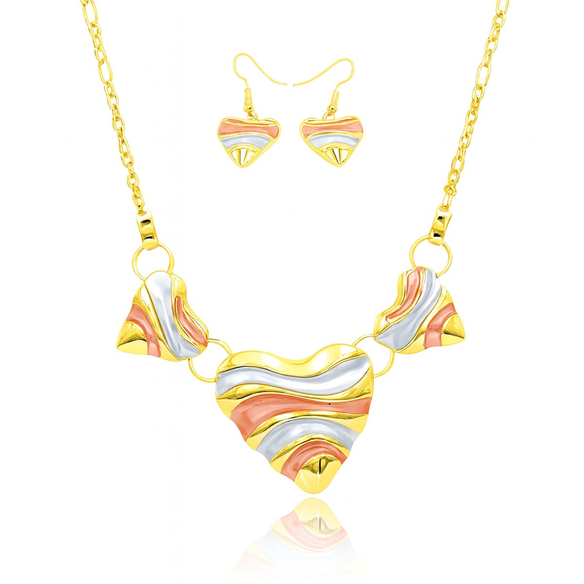 Rood Blauw Gouden Hartvormige Golfpatroon Ketting en Oorbellen Set – Milieuvriendelijke Legering