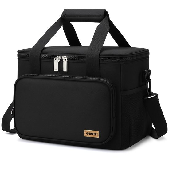 Sac isotherme noir BOTC de 13L avec poignée, bandoulière, une poche avant et des poches latérales en filet.