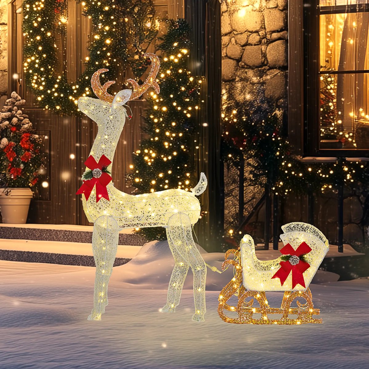 Pugsdrly LED-kerstversiering, lichtgevend rendier en slee, 170 lampjes, 50 x 29 x 42 cm