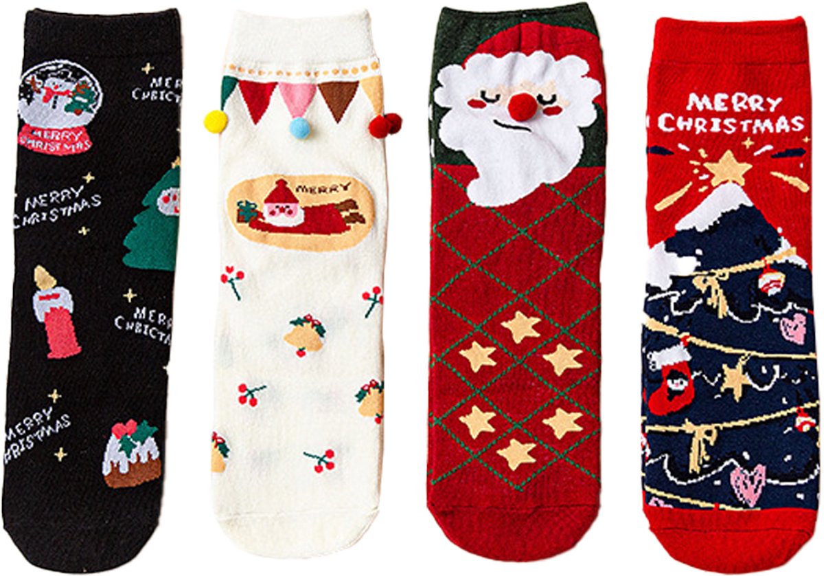 Kerst Sokken Winterankle met vier verschillende ontwerpen, zacht en rekbaar, 4 paar, rood/groen kleurenschema.