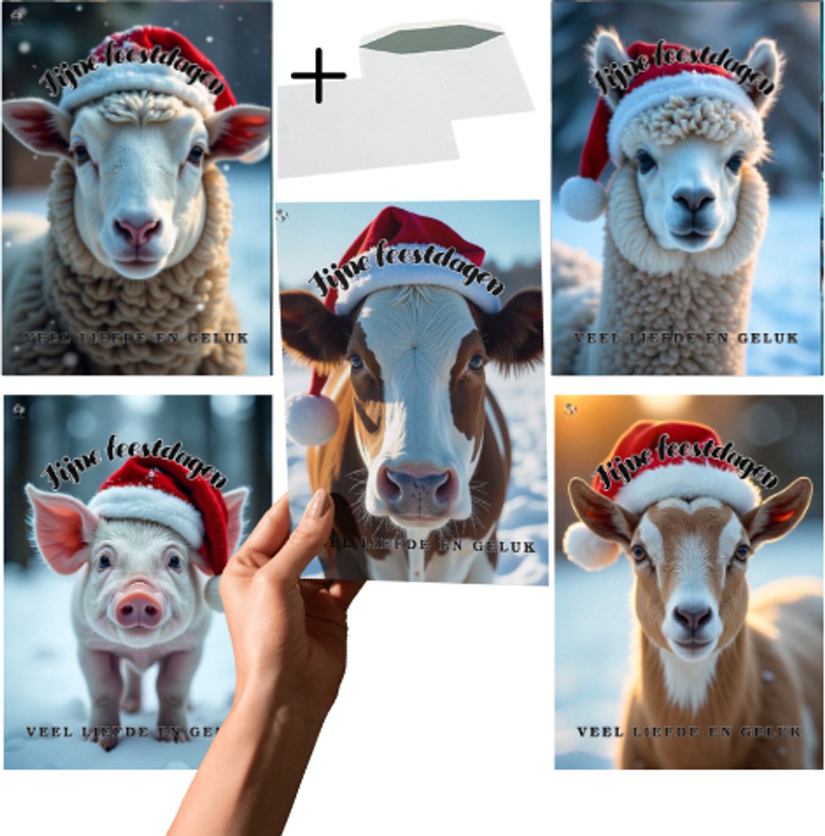 Grand X - Kerstkaart - Boerderijdieren - 5 Kaarten - Inclusief Enveloppen - A6 Formaat - Kerstkaarten Met Enveloppen