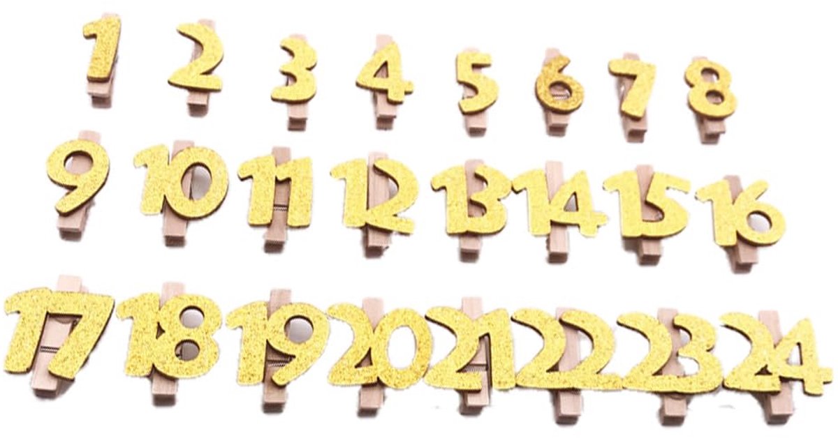 Wooden Pegs, Glitter 1 Set of Clothespins, Numbers 1 to 24, Advent Calendar, Numbers, Wood with Clamps, Decorative Clips, Numbers, Advent Calendar, Buttons for Indoor and Outdoor Use Christmas,